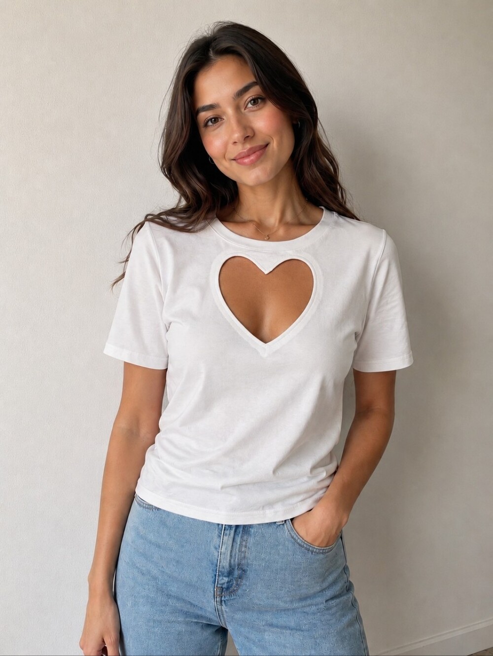 NWOT SHEIN 100% Cotton White Crew Neck Heart Cutout Short Sleeve T-Shirt Tee